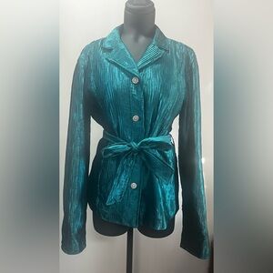 Chico's Women's Teal Gem Button Front Jacket Size 2 Long Sleeve Collared EUC